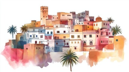 Casbah of Algiers. Casbah of Algiers hand drawn watercolor illustration on white background