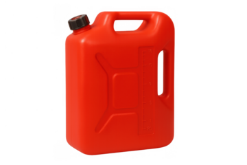 Red plastic jerry can for safely storing and transporting gasoline, diesel, and other flammable liquids. Transparent background