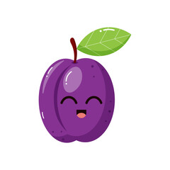 Cute plum isolated on white background. Garden fruit. Groovy style. Childish characters.Design elements for kids materials,books, healthy food, posters,  and farm posters. Vector illustration.