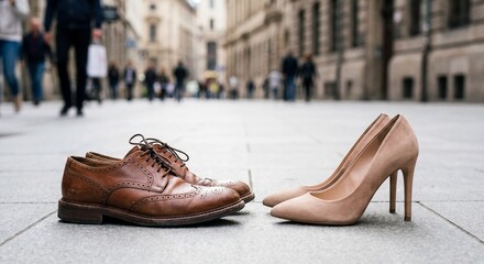 Men's leather shoes and women's high heels facing each other on the street. Concept of breakup, divorce or relationship conflict.