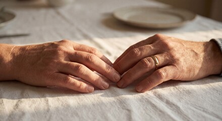 Close up of couple hands with wedding ring on table in sunlight. Concept of marriage, support and enduring love relationship.