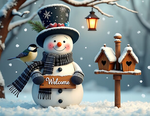 Winter wonderland scene with friendly snowman wearing top hat and scarf holding welcome sign beside a little bird