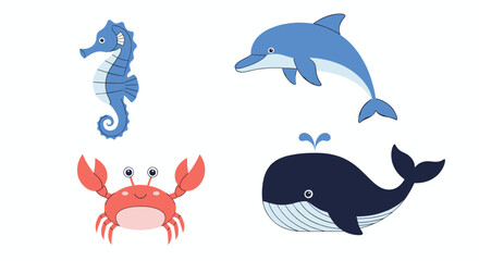 Fototapeta premium A cute collection of four cartoon sea animals, including a dolphin, whale, crab, and seahorse, for children's illustrations.