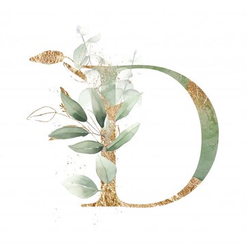 Letter D alphabet initial letter watercolor greenery foliage with line art delicate animation romantic illustrated alpha mask animation golden