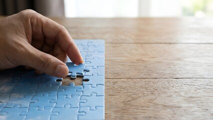 Person Assembling Blue Jigsaw Puzzle on Wooden Surface.