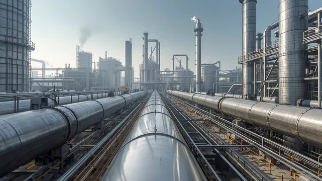 Industrial refinery pipeline corridor with parallel metal pipes extending toward distant processing towers