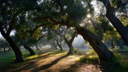 Dawn mist drifting through ancient orchard, dew-laden branches shimmering as sunlight carves thin golden channels between gnarled silhouettes