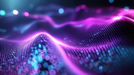 Abstract technology background showing glowing particles forming a flowing, wavy surface with illuminated dots in vibrant purple and blue colors, representing data processing and network connections - Powered by Adobe