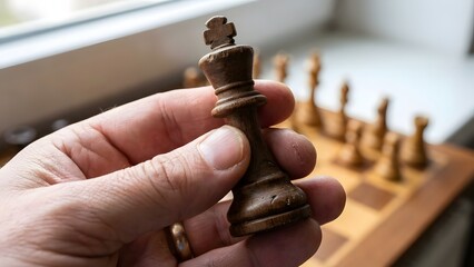 Close-up of Hand Moving Chess Piece on Wooden Board.
