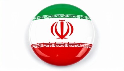 Glossy Round Button Badge with the Flag of Iran (Green, White, Red with Emblem and Kufic Script) Isolated on White
