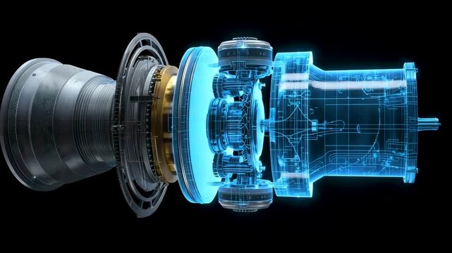 Transparent industrial turbine assembly with glowing blue internal components on black background