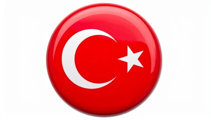 Obraz premium Glossy Round Button Badge with the Flag of Turkey (Red with White Crescent and Star) Isolated on White