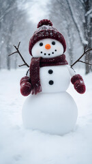 Cheerful Snowman Sculpture in Winter Wonderland with Hat and Scarf - Festive Holiday Decoration Scene
