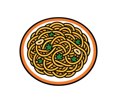 Flat vector illustration of bright plate of spaghetti aglio olio with vivid parsley flakes rounded shapes clean outline clean white background