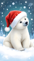 Cute Polar Bear in Festive Christmas Hat: Winter Wonderland Illustrated Scene