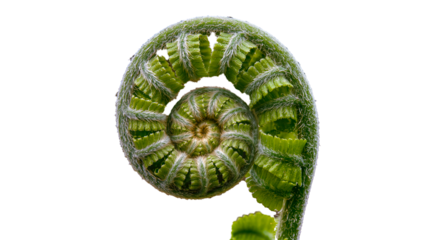 Isolated object: a tightly coiled young fern leaf (fiddlehead) in bright green color. Top view emphasizes the fractal structure and symmetry of the plant. The image is presented on a transparent backg
