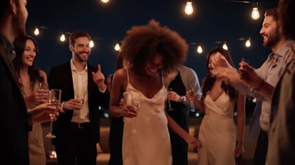 Glamorous Rooftop Cityview Party with Gorgeous Woman in a Cocktail Dress Dancing Charmingly in the Crowd. Exclusive Roof Outdoor Nightclub where Glamorous Young People Have Fun and Enjoy Life.
