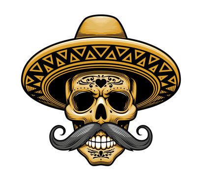 Skull in mexican sombrero, vector Mexico Day of the Dead or Halloween holiday party. Cartoon mexican Dia de los Muertos sugar skull skeleton with traditional sombrero hat, floral pattern and mustache