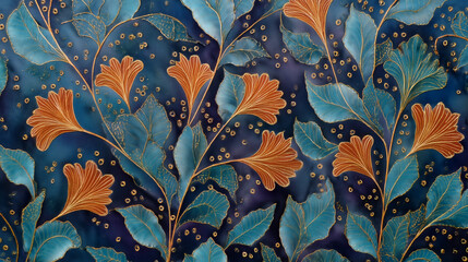 Abstract Blue Gold Botanical Batik Art Pattern