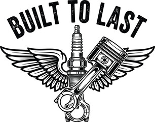 Built to last typography with crossed pistons and wings for mechanic logo, auto repair garage badge, industrial engine emblem and isolated on transparent service graphic illustration