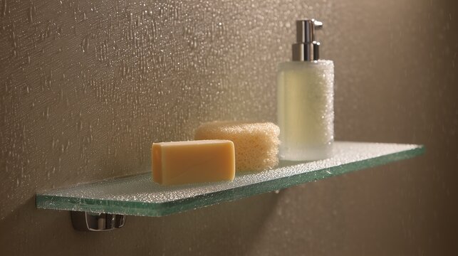 Glass shower shelf with premium soaps and loofah, water droplets, luxure bathroom hygiene