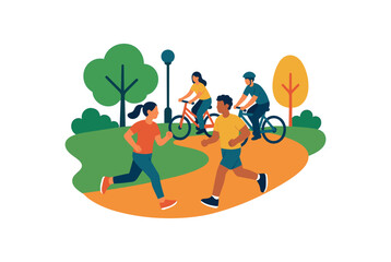 Flat vector illustration of colorful park walkway with people jogging and cycling together rounded shapes clean outline clean white background