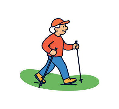 Flat vector illustration of colorful senior person walking with trekking poles on green path rounded shapes clean outline clean white background