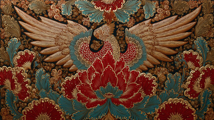 Intricate Phoenix Peony Floral Embroidery Textile Pattern