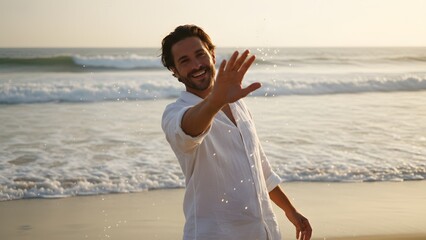 Happy Man Enjoying Beach Sunset with Hand Gesture.