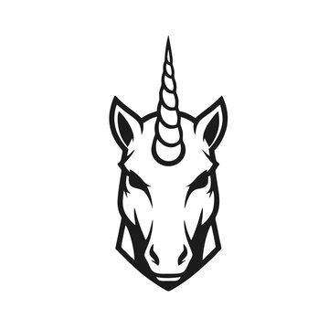 Modern unicorn head logo, front-facing, simplified facial features, elegant horn, Vector Illustration