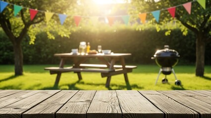 Summer backyard picnic table with barbecue grill and festive bunting