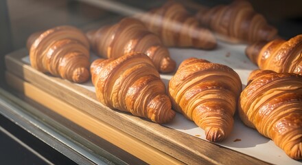 Row of freshly baked golden croissants displayed on a tray in a bakery. Crisp flaky layers with glossy finish, perfect for artisan bakery and breakfast concepts.