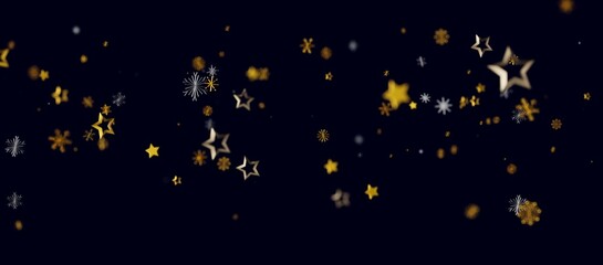 Elegant design with gold stars, silver snowflakes and bokeh on a deep navy background. Perfect for holiday greetings, Ch © vegefox.com