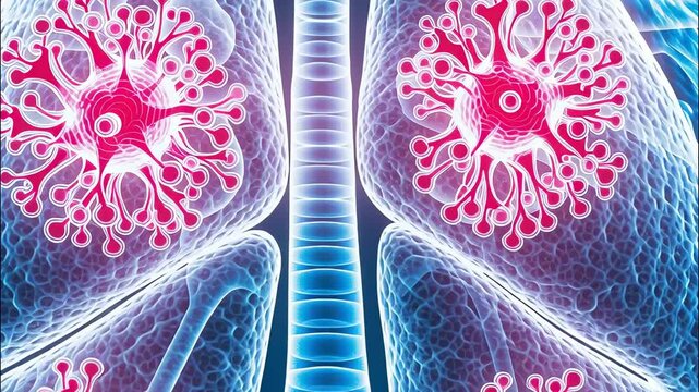Viruses attacking lung cells, rendering respiratory system during compromised viral infection video 4k