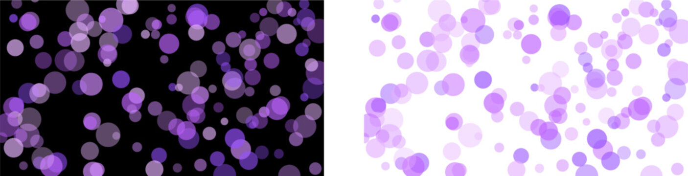 Vector illustration of a vibrant purple bokeh effect overlay, featuring numerous translucent lavender and violet circles on both black and white backgrounds, perfect for graphic design.