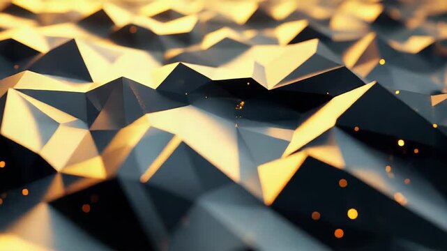 Abstract dark low poly relief creating a textured geometric landscape, illuminated by a warm golden light with small glowing bokeh particles reflecting innovation and technology
