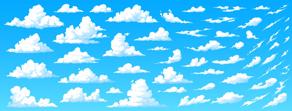 Cartoon anime manga sky white clouds set on summer sunny day blue heaven vector background. Fluffy white cumulus, shiny clouds and curved stratus smoke. Anime cloudy sky, manga comic cloudscape