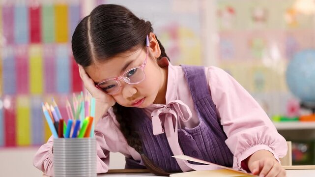 Tired Schoolgirl with Headache Struggling to Read Book