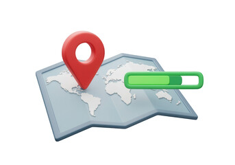 A 3D icon of a map with a location pin, symbolizing travel and navigation, with a progress bar for a completed journey.