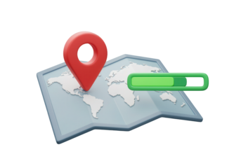 A 3D icon of a map with a location pin, symbolizing travel and navigation, with a progress bar for a completed journey.