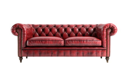 Classic red leather chesterfield sofa vintage luxury upholstered furniture interior decor studio shot isolated on white background
