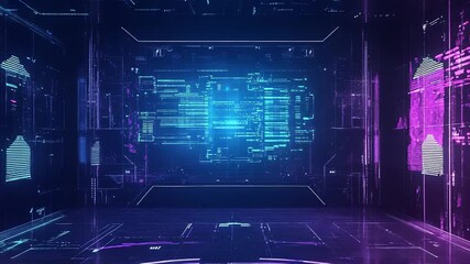 Dynamic digital grid room illustrating abstract data flow and information processing, creating a modern, high tech network concept with glowing blue and purple neon light effects - Powered by Adobe