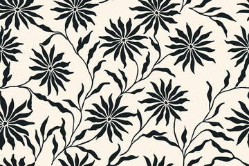 Fototapeta premium An elegant seamless floral pattern with black botanical silhouettes of blooming flowers and flowing leaves on a soft cream background, creating a timeless and stylish design.