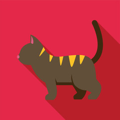 Dark brown tabby cat standing with a long shadow on a red background