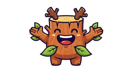 A cute and friendly cartoon tree stump character with branches for antlers and leaves sprouting from its body, with its arms open wide in a welcoming gesture.