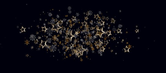 Christmas and winter holiday design. Beautiful decorative illustration of golden stars and snowflakes on a dark