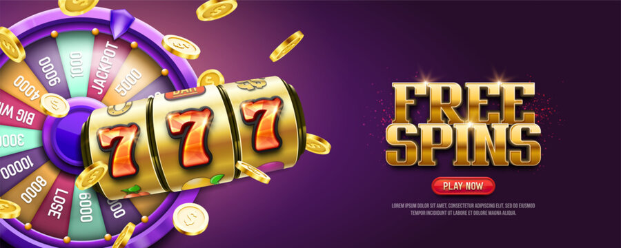 Free spins. Casino banner or poster with slot machine and golden coins on a bright background. Vector illustration.