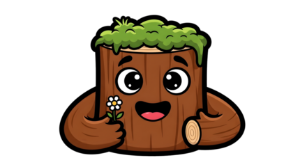 A cute cartoon tree stump character with moss on top, holding a small white flower and giving a thumbs-up, on a white background.