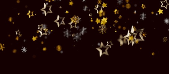 Festive image featuring falling gold stars and snowflakes against a dark background, perfect for holiday greetings and c © vegefox.com