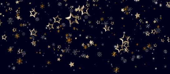 Elegant abstract design featuring gold stars and snowflakes floating against a dark blue background perfect for